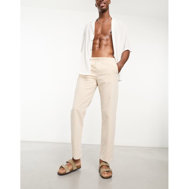 Selected straight fit trouser in beige linen mix-Neutral