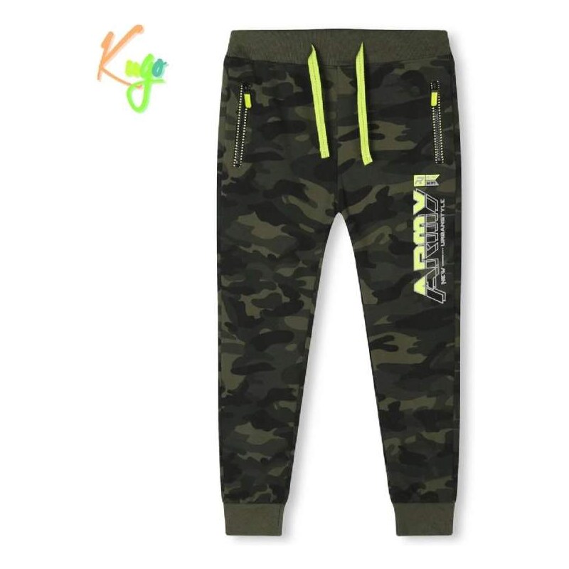 Chlapecké maskáčové tepláky Kugo TM8225 zelené / zelené doplňky,