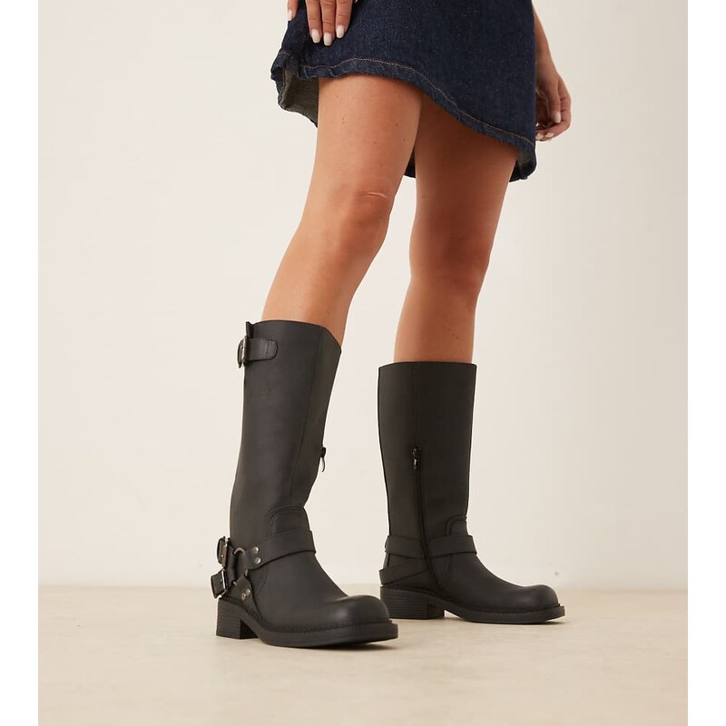 Glamorous Wide Fit harness biker knee boots in black 115715476