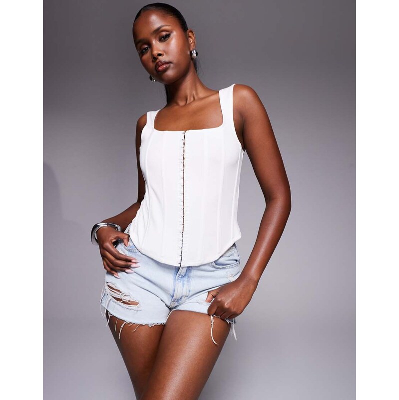ASOS DESIGN corset top with eyelet front in ivory-White