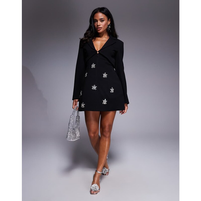 ASOS LUXE structured tailored embellished long sleeve dress in black 109725331