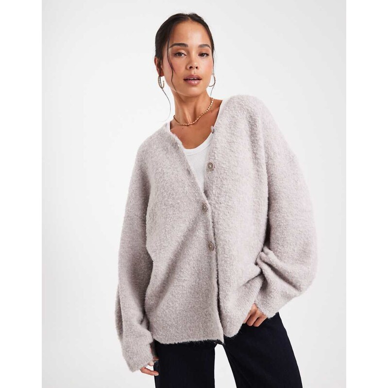 ASOS DESIGN oversized high v neck boyfriend cardigan in boucle in 108056330