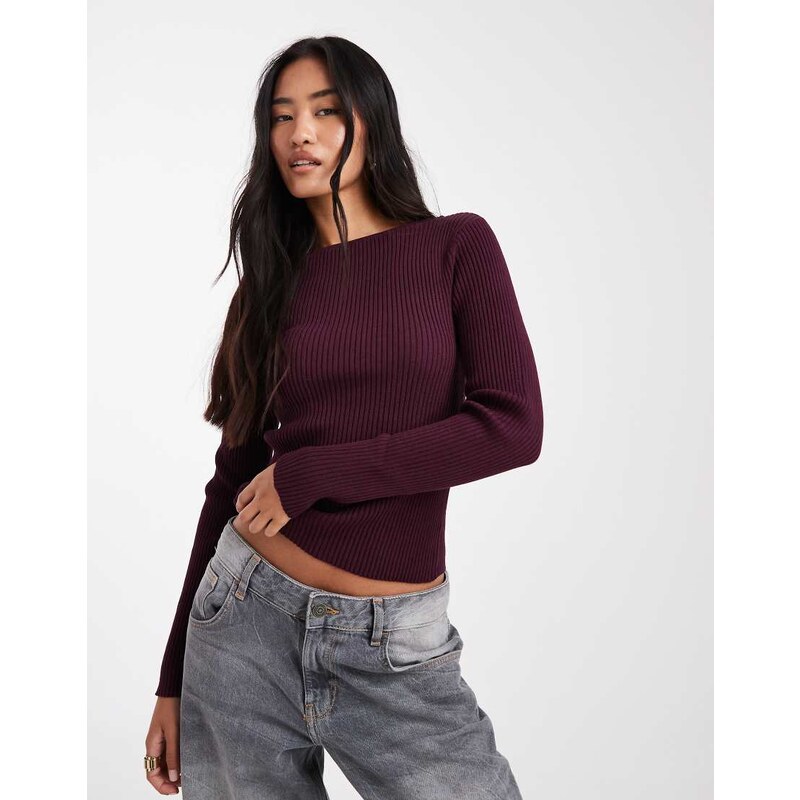Miss Selfridge knit rib slash neck long sleeve top in plum-Purple 108060547