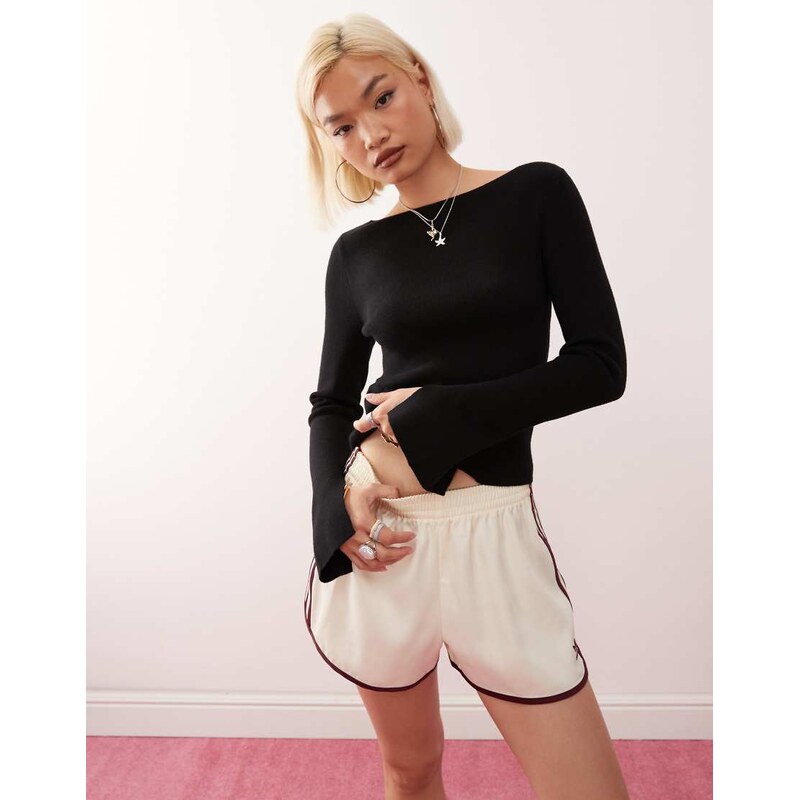COLLUSION knitted slash neck long sleeve top in black 108058343
