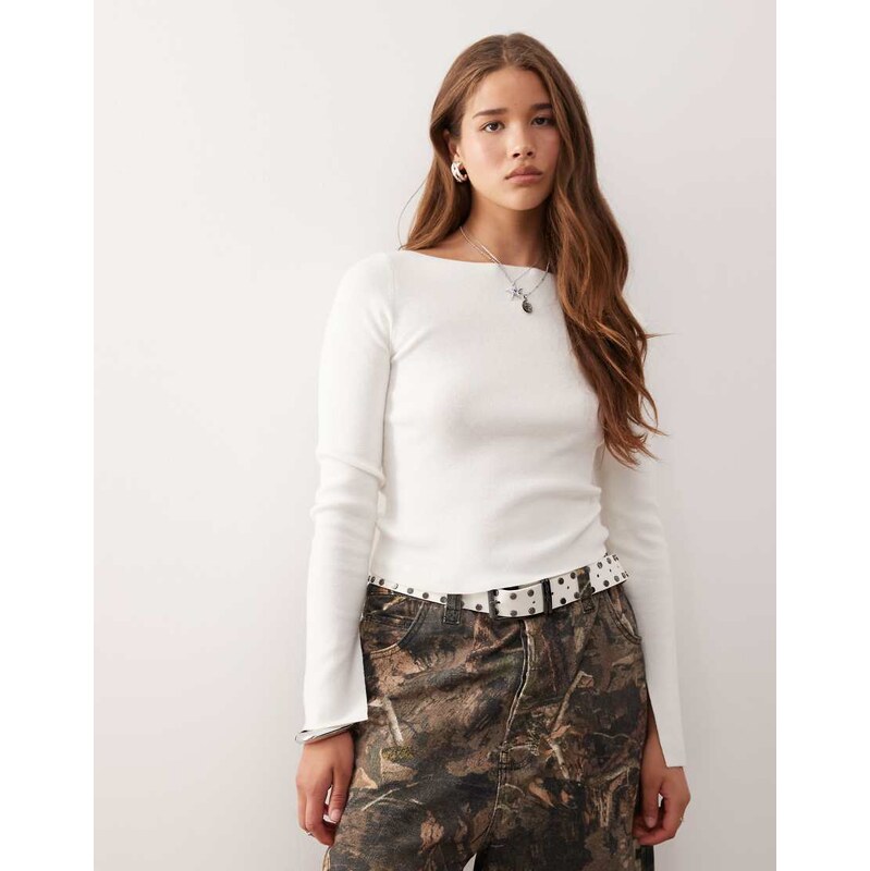 COLLUSION knitted slash neck long sleeve top in ecru-White 112818844