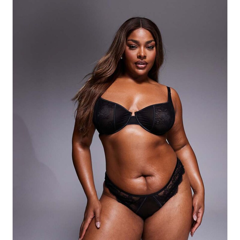 ASOS Curve ASOS DESIGN Curve Amber lace & mesh underwired bra in black 115511882