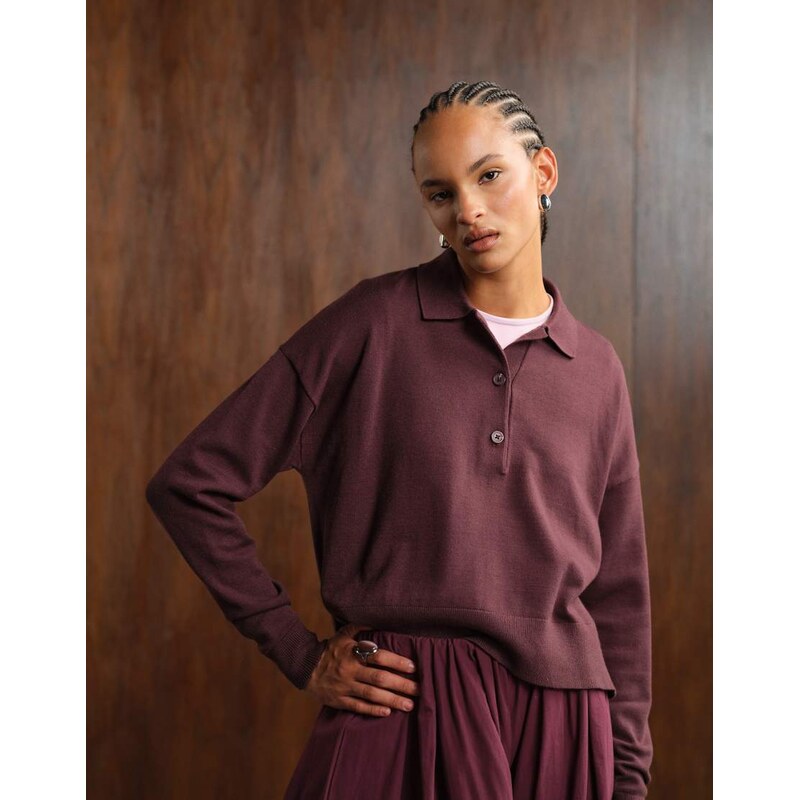 ASOS DESIGN knitted structured rugby top in burgundy