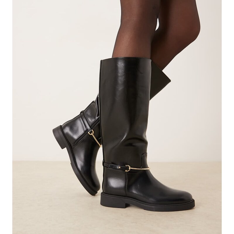 ASOS DESIGN Wide Fit Cole flat riding knee boot in black with
