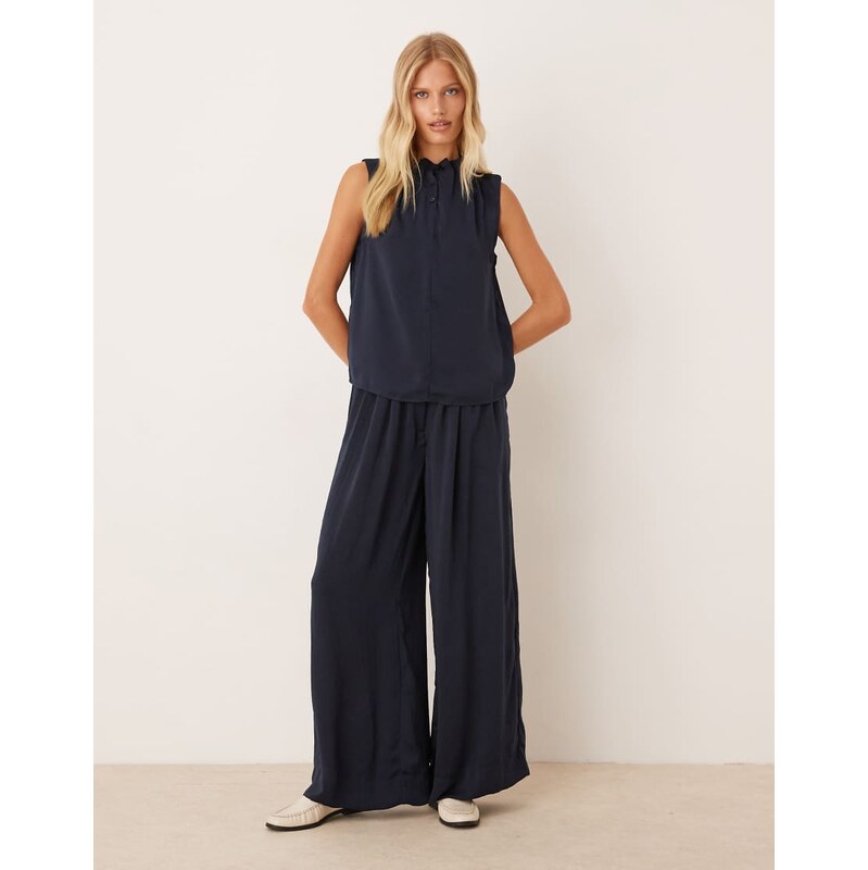 AWARE pleated detail high waist wide leg trouser co-ord in navy 108056430