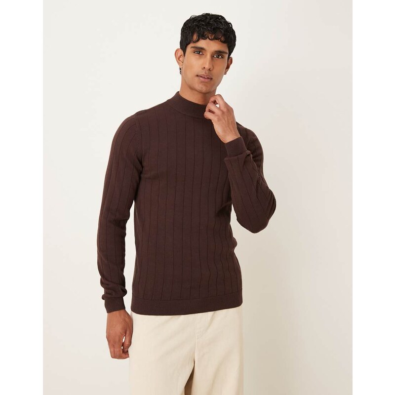 ASOS DESIGN muscle fit long sleeve knitted rib turtle neck t-shirt in brown