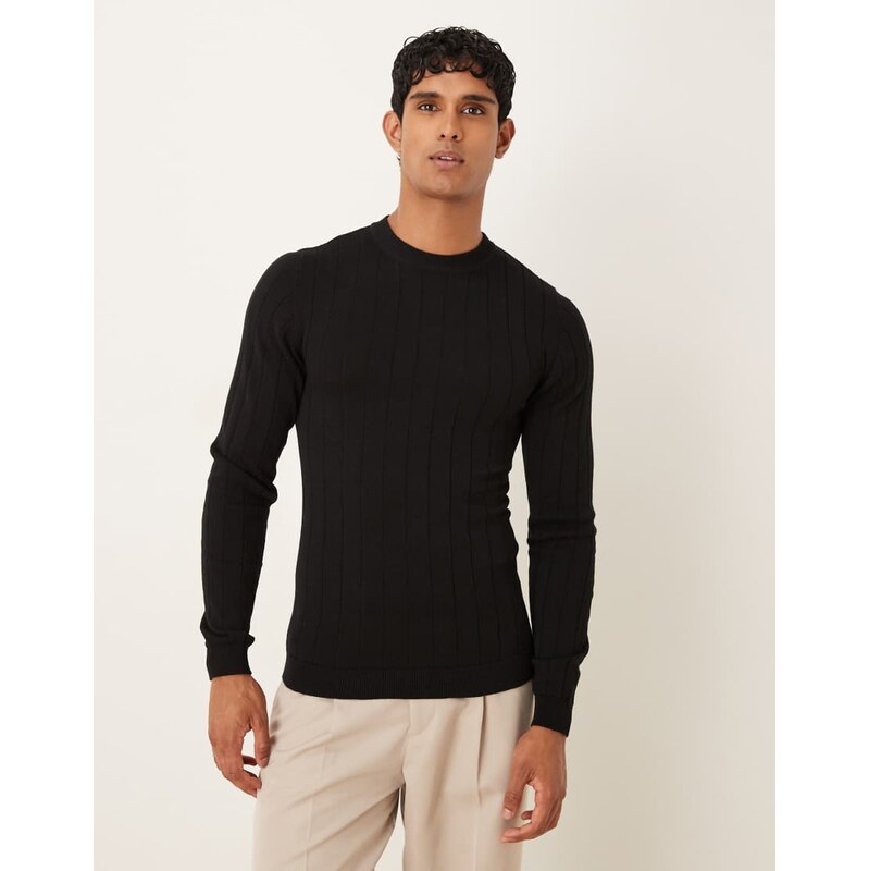 ASOS DESIGN muscle fit long sleeve knitted rib t-shirt in black