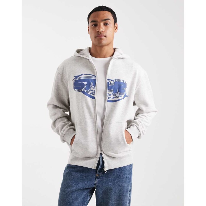 ASOS DESIGN zip through hoodie with street print in ice marl