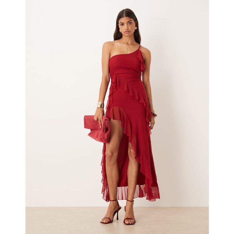 ASOS DESIGN one shoulder ruffle maxi dress in dark cherry-Red