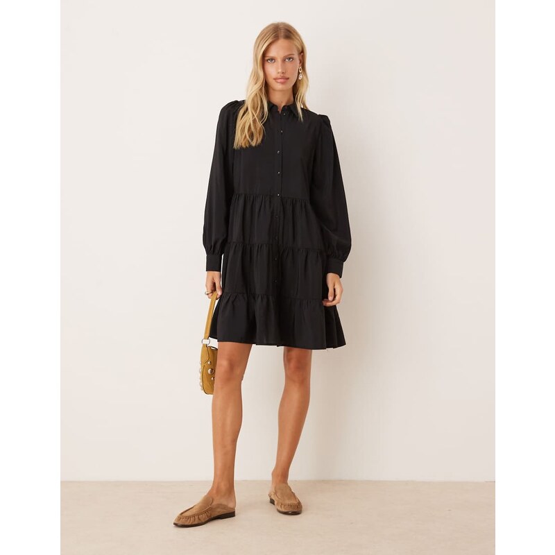 YAS long sleeve tiered mini shirt dress in black 108056470