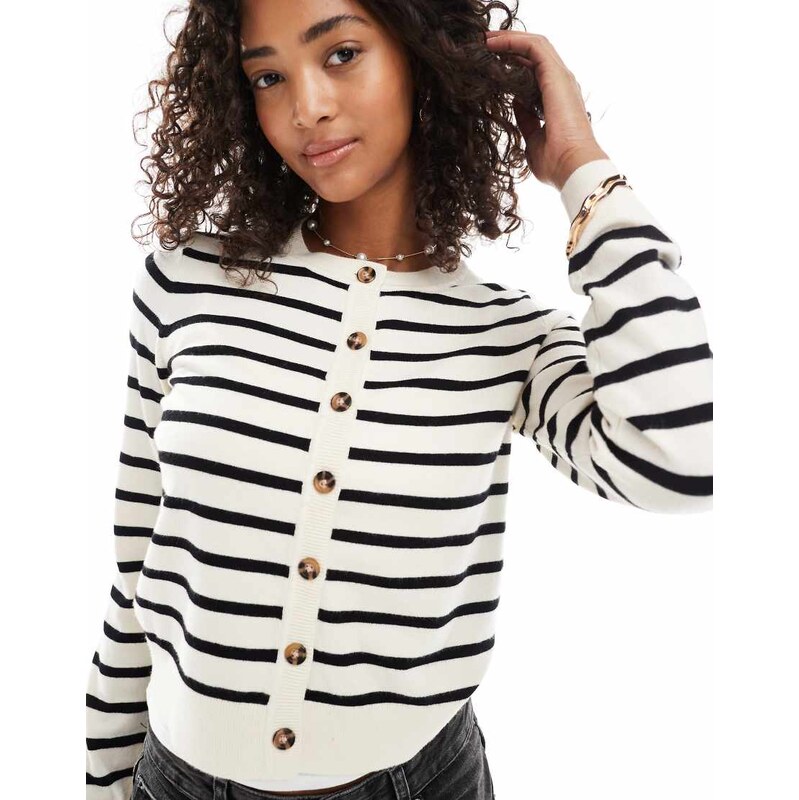 Vero Moda soft knitted button up cardi in cream and black stripe-White 108056478