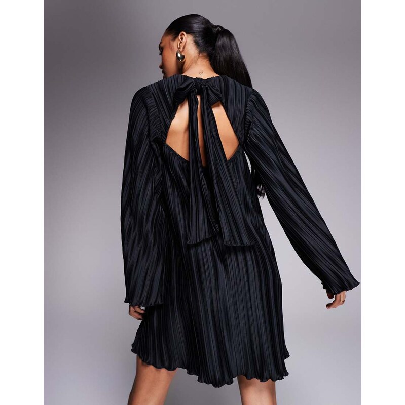 ASOS DESIGN plisse wide sleeve mini dress with back bow detail