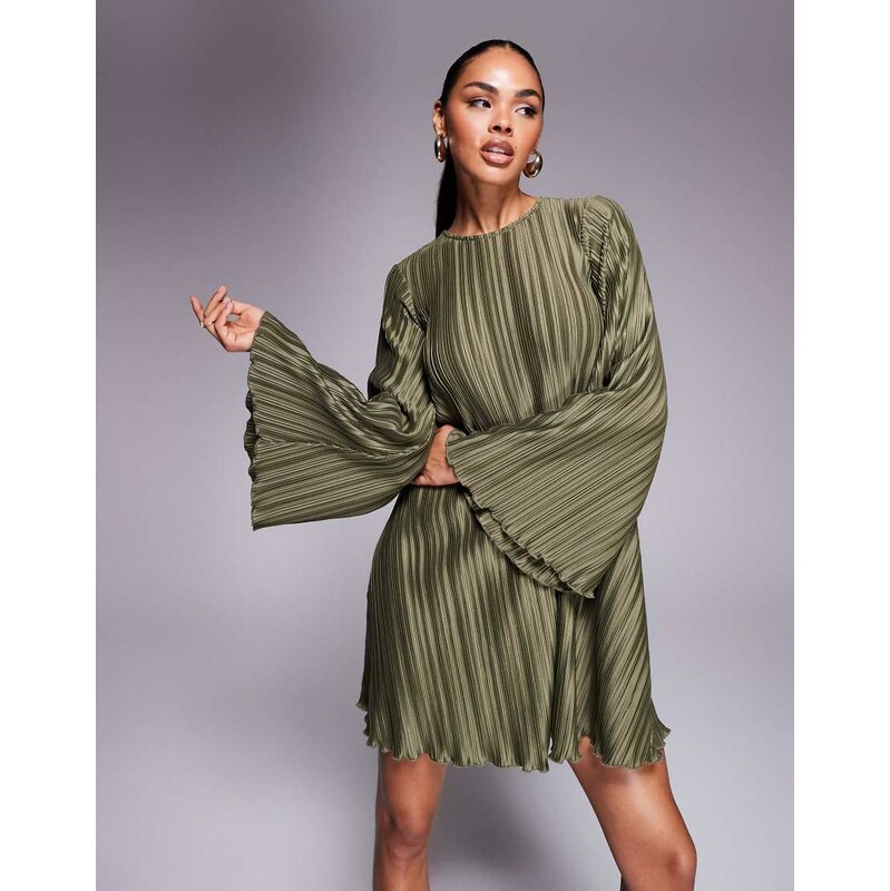 ASOS DESIGN plisse wide sleeve mini dress with back bow detail