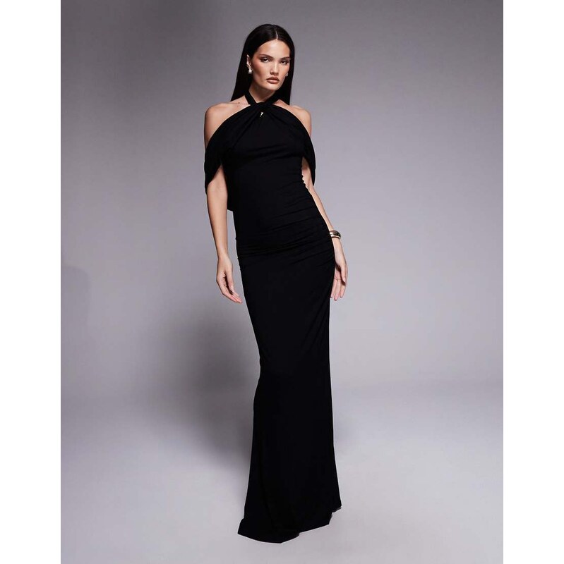 ASOS DESIGN draped cape halter maxi dress in black
