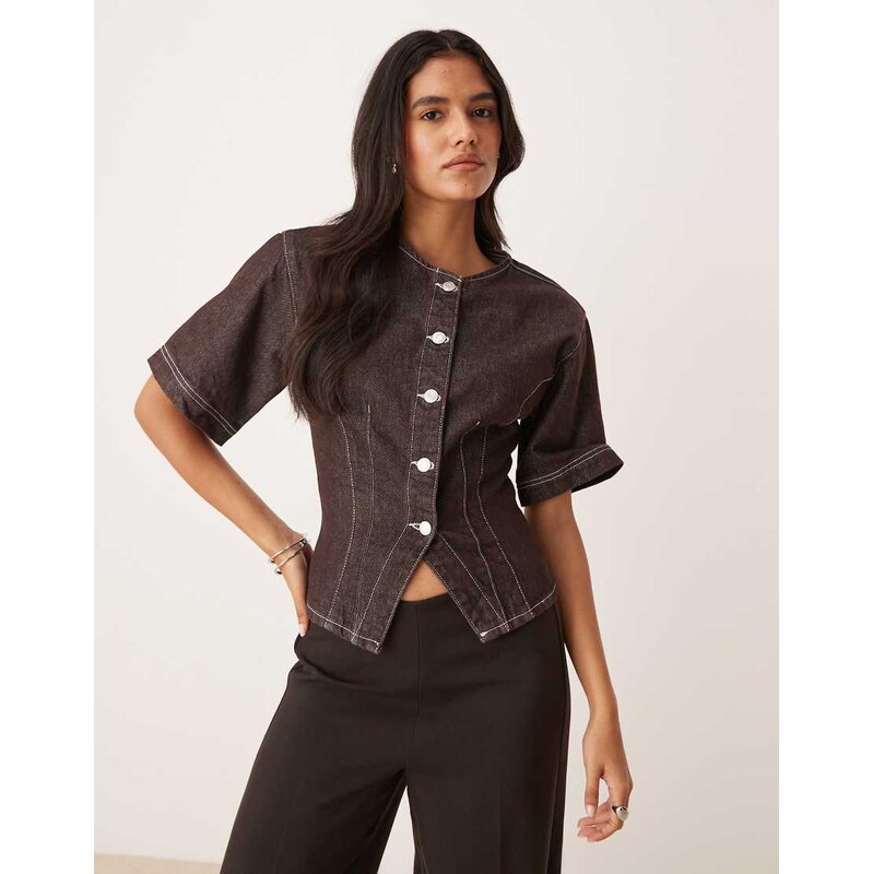 ASOS DESIGN denim cinch waist short sleeve collarless top in