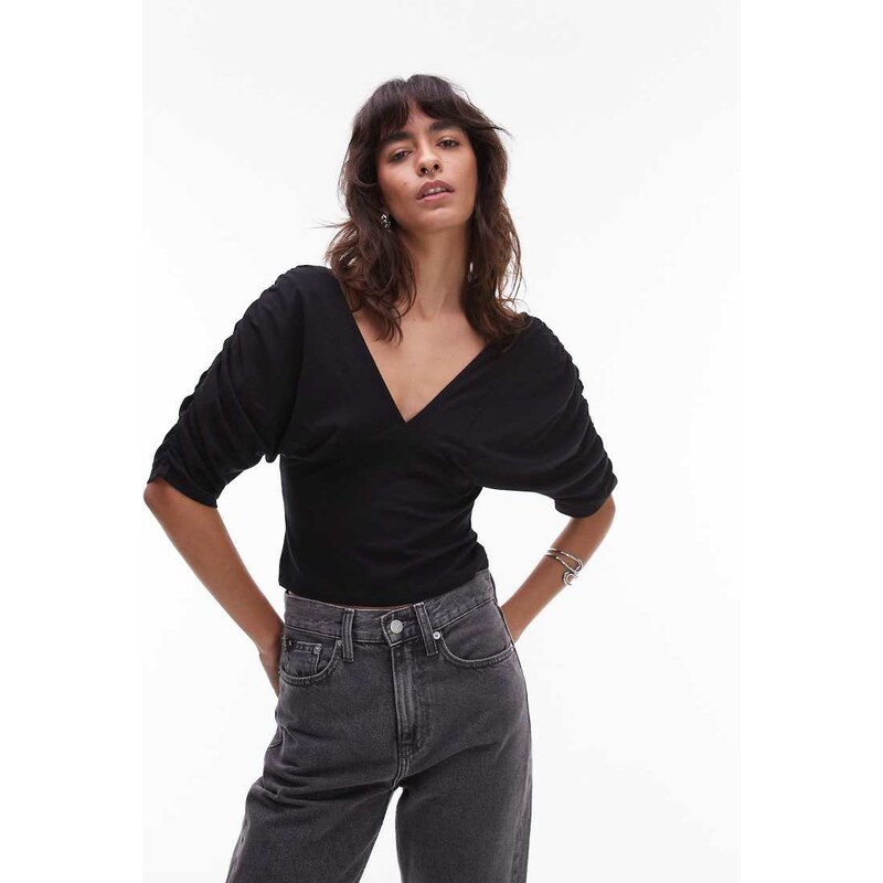 ASOS DESIGN slinky plunge front batwing top with ruched waist in