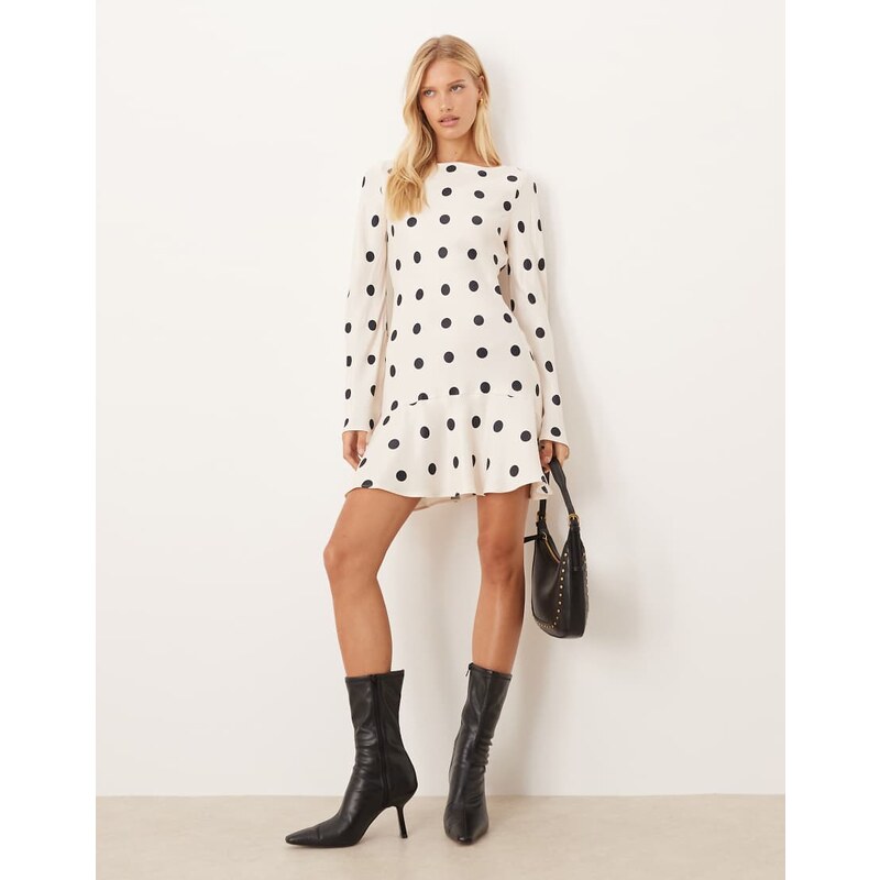 ASOS DESIGN satin angel sleeve drop waist mini dress in polka