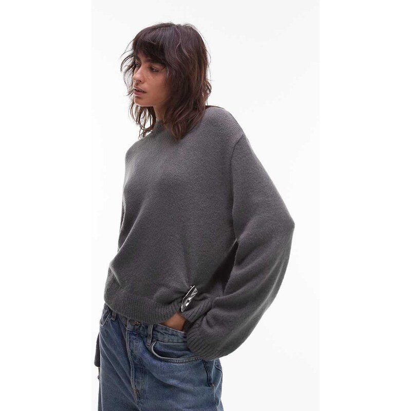 ASOS DESIGN knitted crew neck jumper with silver metal detail in 108056518