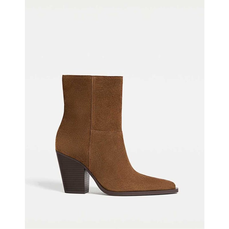 Stradivarius Leather cowboy ankle boots in brown