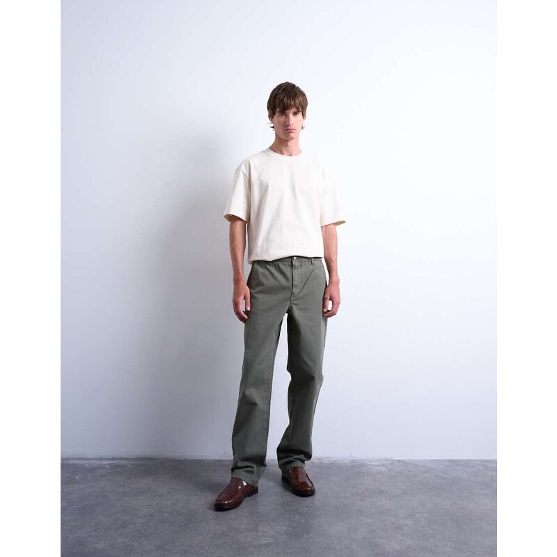 Topman straight fit herringbone trouser in washed khaki-Green