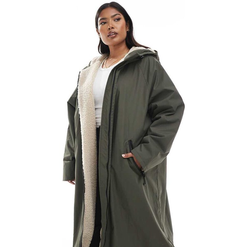 ASOS Curve ASOS DESIGN Curve longline fleece lined rain coat in olive 108060537