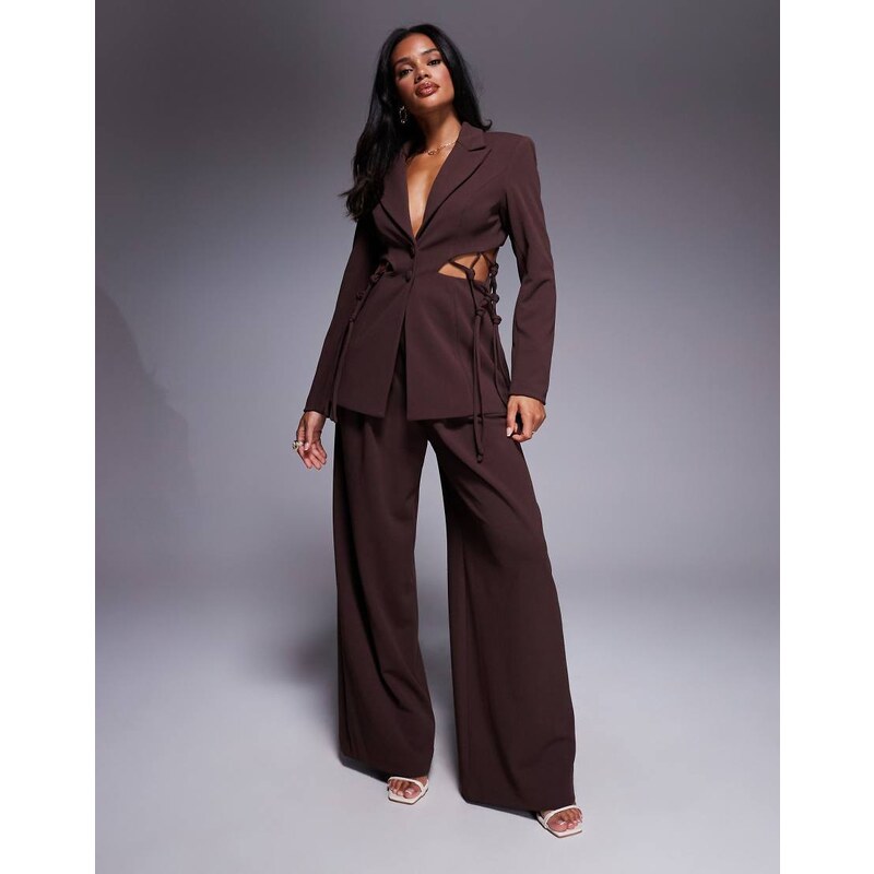ASOS LUXE crepe wide leg tailored trouser co-ord in chocolate