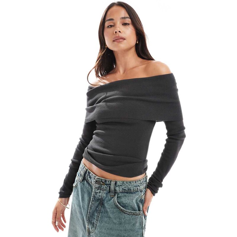 ASOS DESIGN structured bardot top in charcoal-Grey