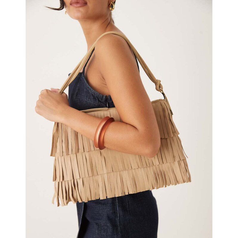 Mango large leather fringed hand bag with gold accents in sand-Neutral 108060672