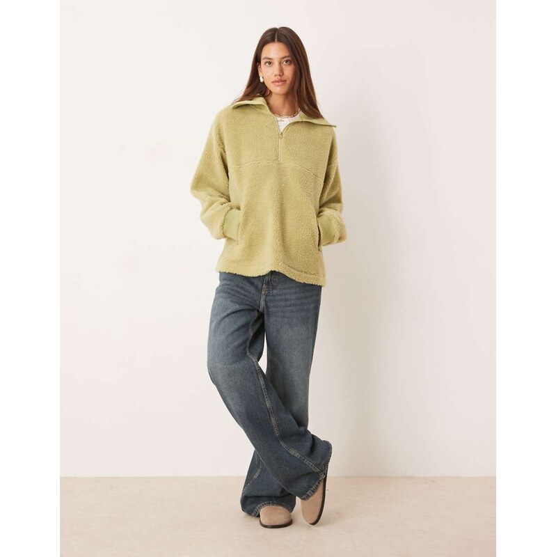 ASOS DESIGN half zip borg fleece and knit mix sweater in sage green 108058345