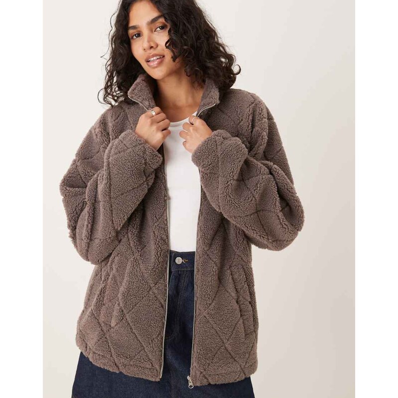 ASOS DESIGN quilted borg full zip through fleece in light brown 108058346
