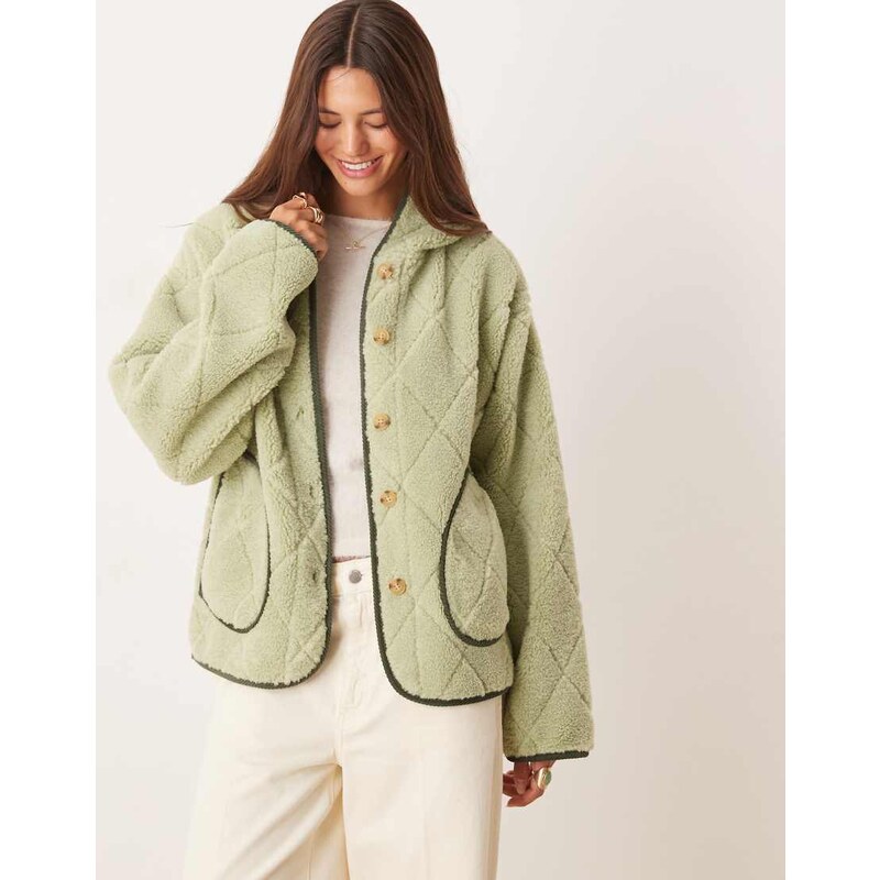 ASOS DESIGN quilted borg fleece button through with hood in green with 108058347