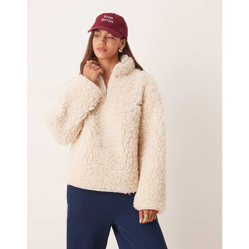 ASOS DESIGN high pile borg half zip fleece in cream-White