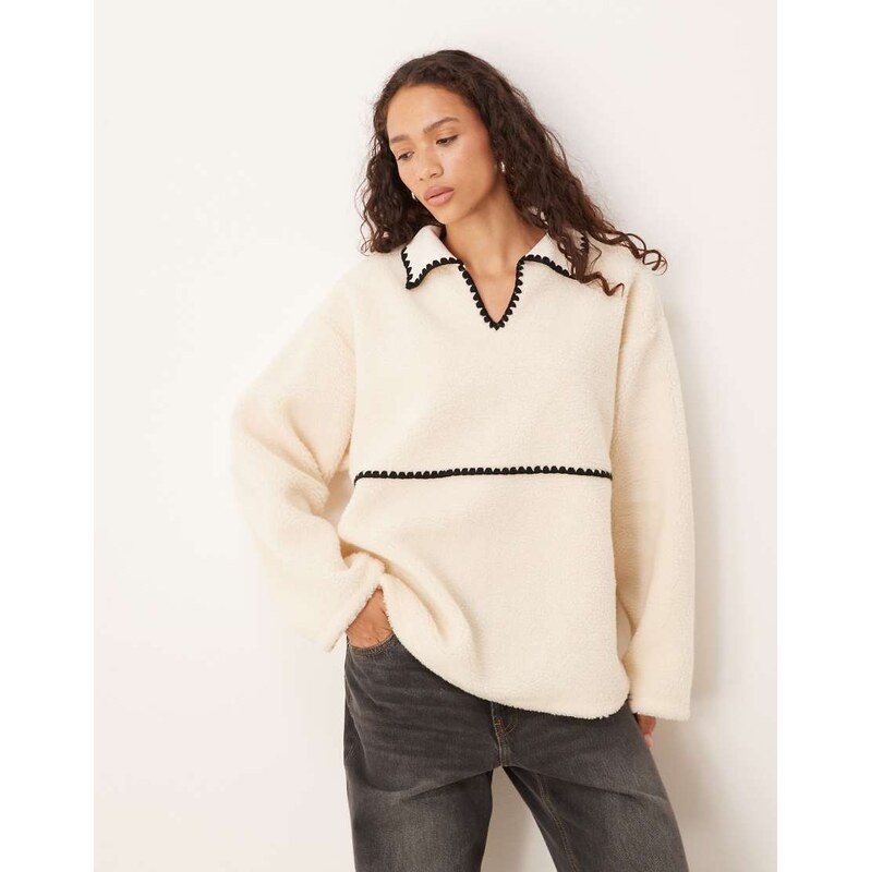 ASOS DESIGN borg fleece pullover sweat with blanket stitch detail in 114791808