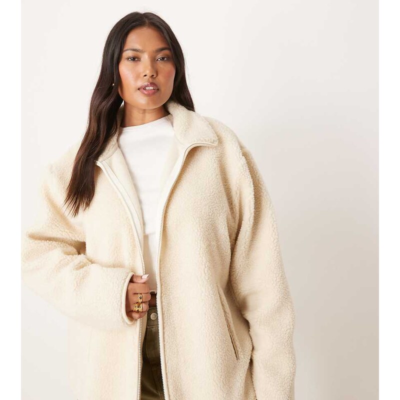 ASOS Curve ASOS DESIGN Curve borg zip through fleece in cream-White 115511398