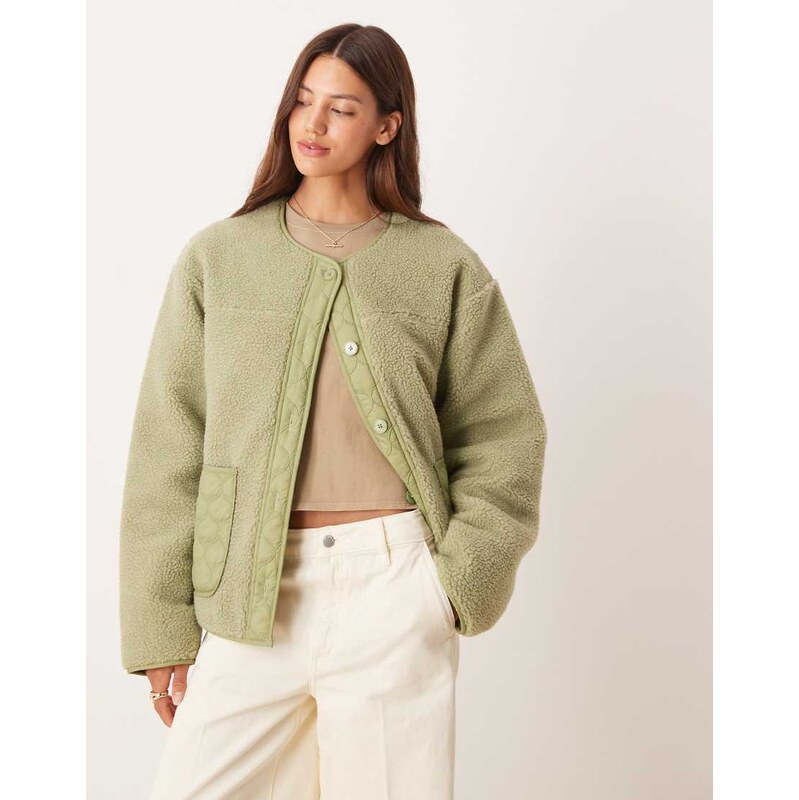 ASOS DESIGN borg fleece jacket with quilted nylon detail in