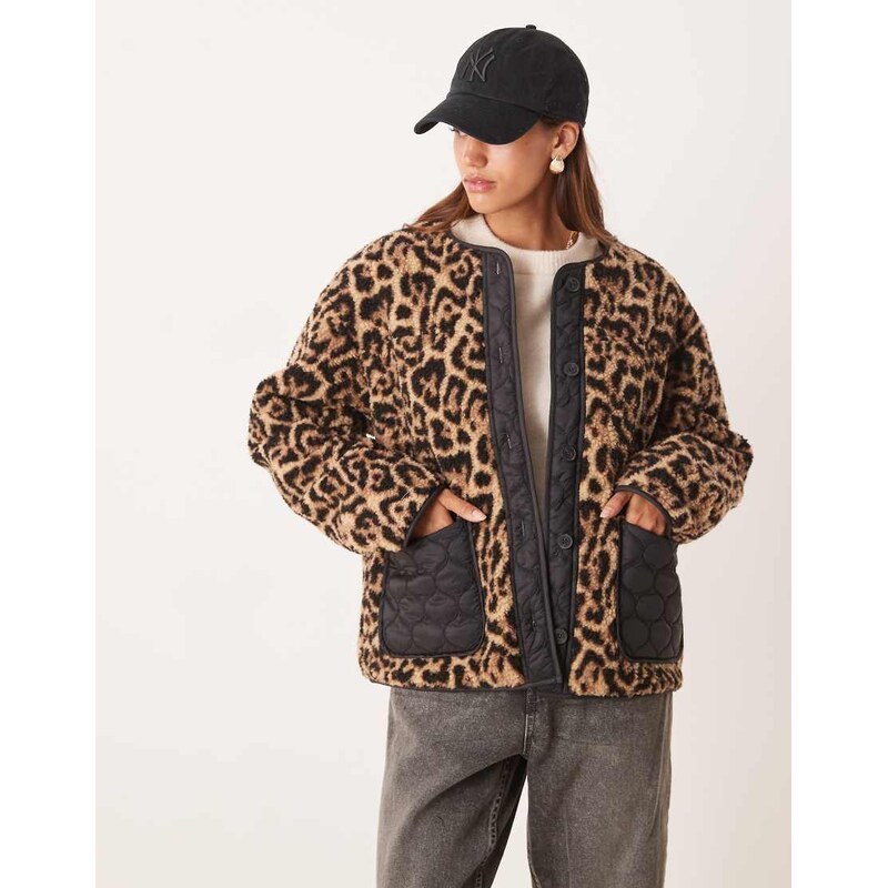 ASOS DESIGN leopard borg fleece jacket with quilted nylon detail