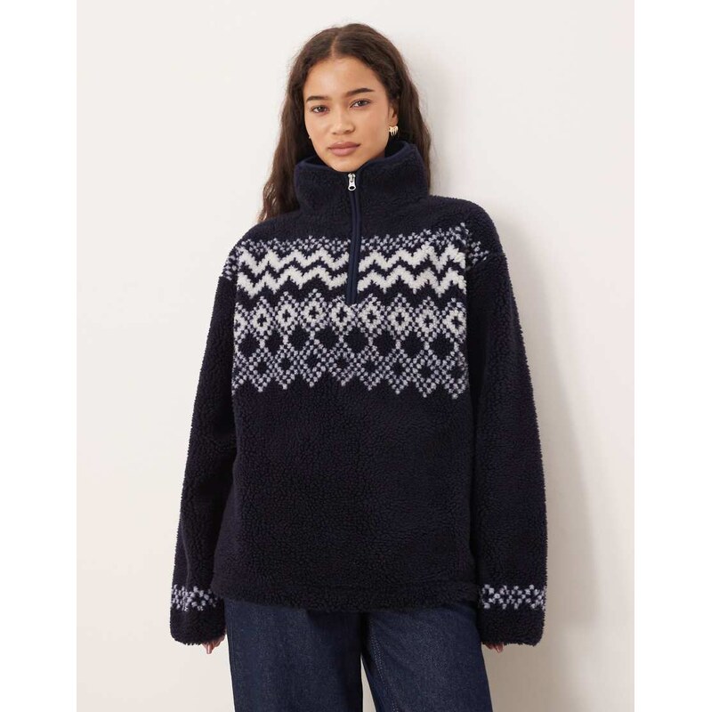 ASOS DESIGN borg fleece half zip with placement fairisle in navy 108898953