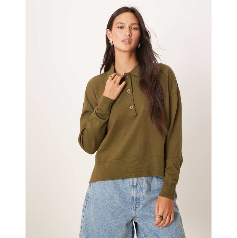 ASOS DESIGN knitted structured rugby top in khaki-Green 108058379