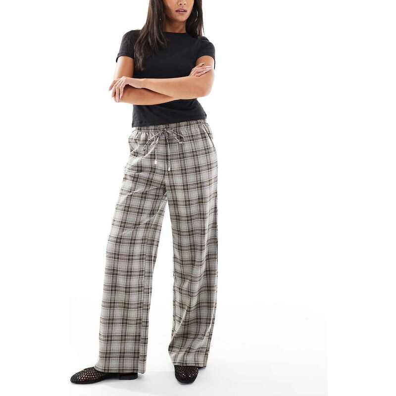 ONLY pull on wide leg trousers in grey check 108058399