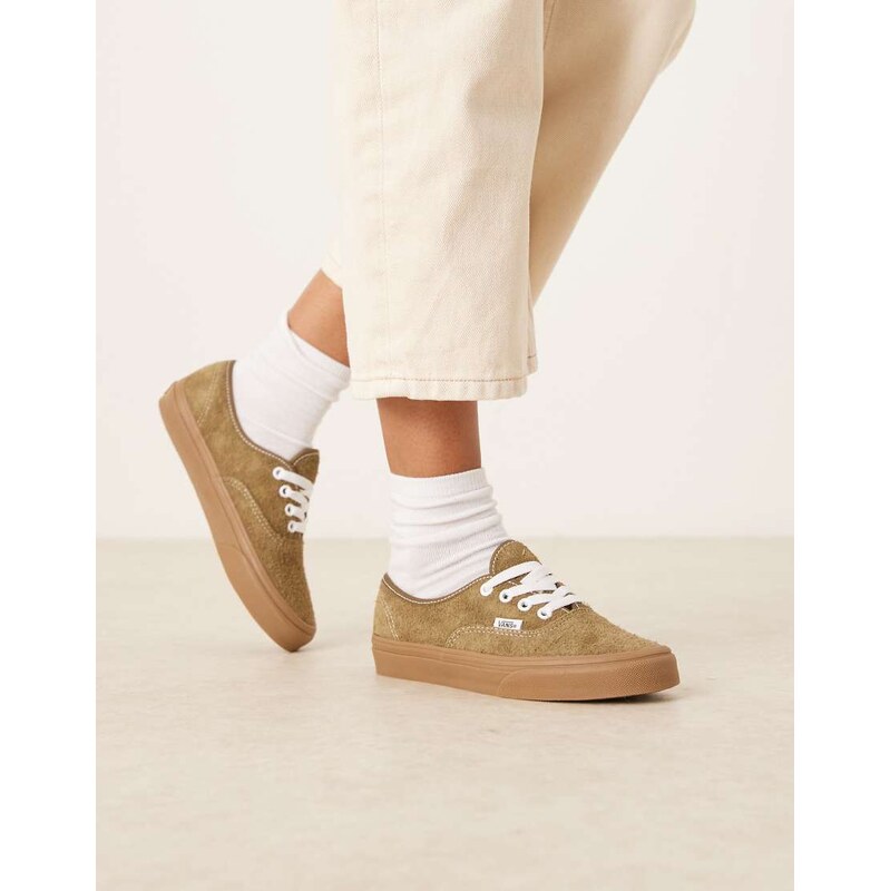 Vans Authentic hairy suede trainers in olive green with gum sole