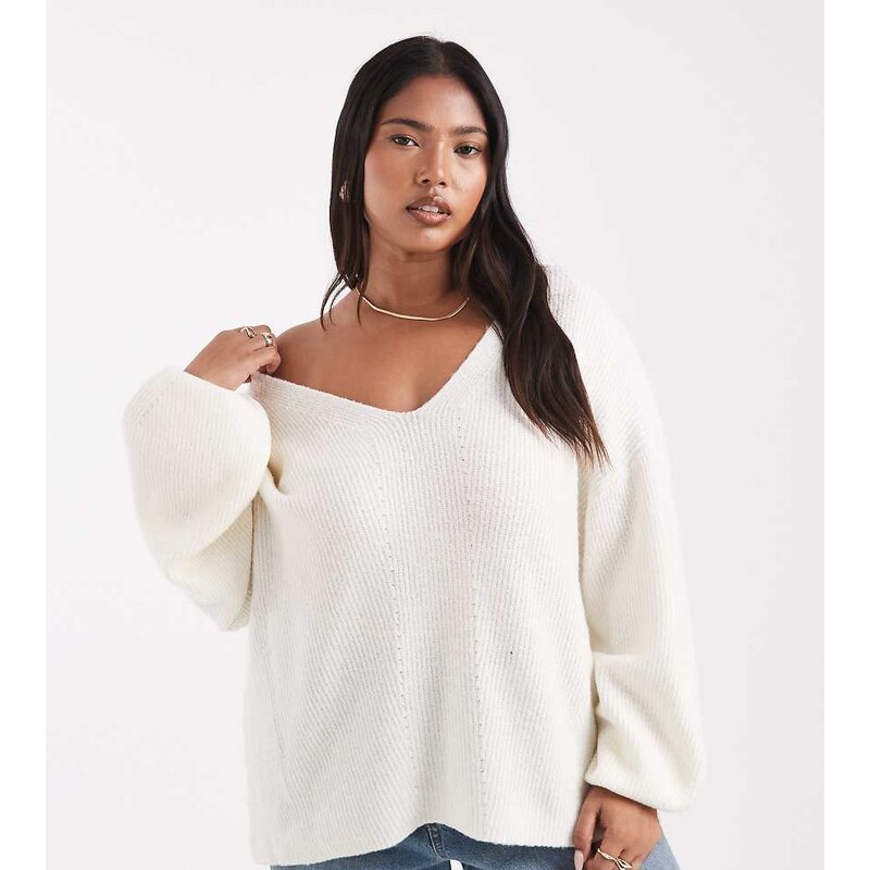 Threadbare Plus fluffy v-neck slouchy jumper in off white