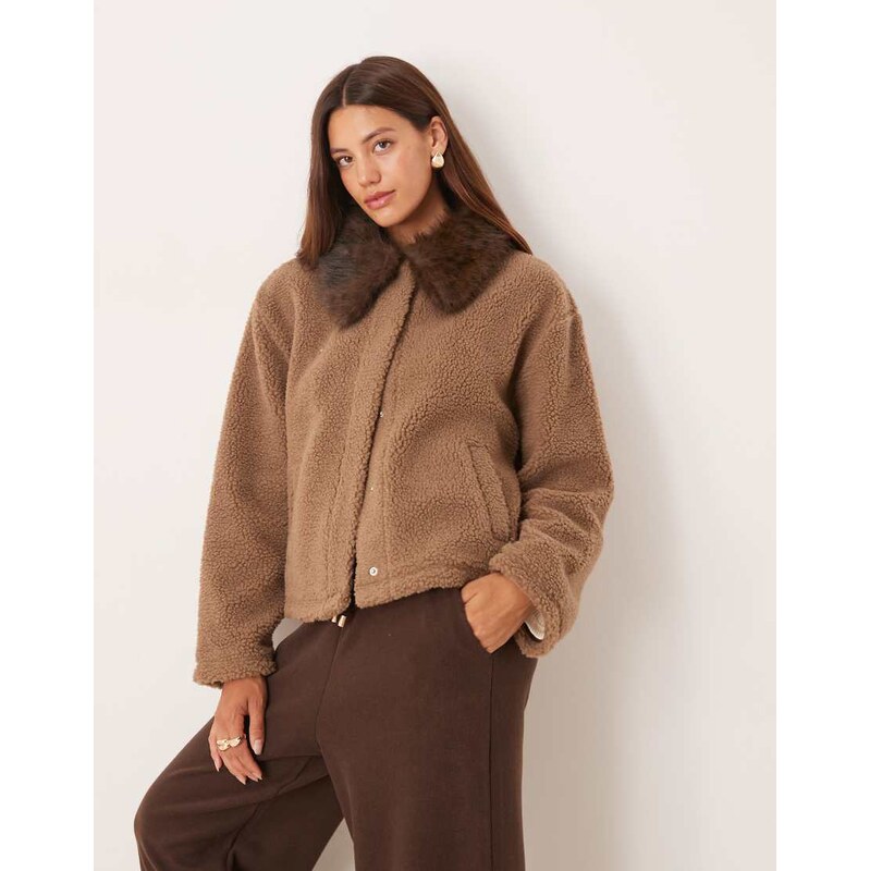 ASOS DESIGN borg fleece jacket with leopard faux fur collar-Brown