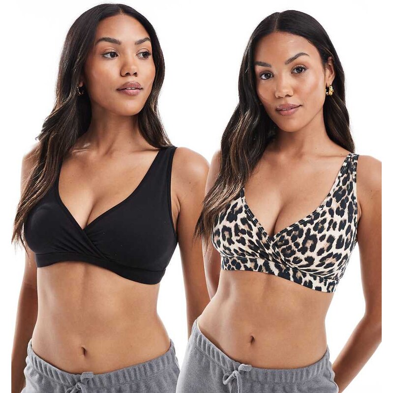 Lindex MOM 2 pack wrap nursing bralet in black and leopard print-Multi 108075245