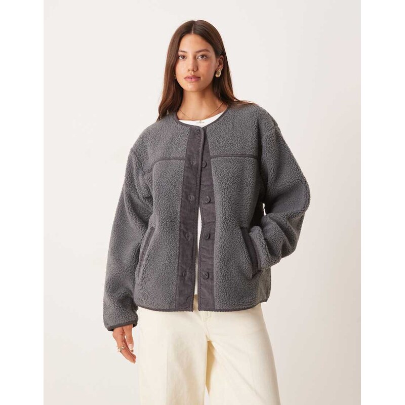 ASOS DESIGN borg fleece cardigan with cord trim in charcoal-Grey 108058581