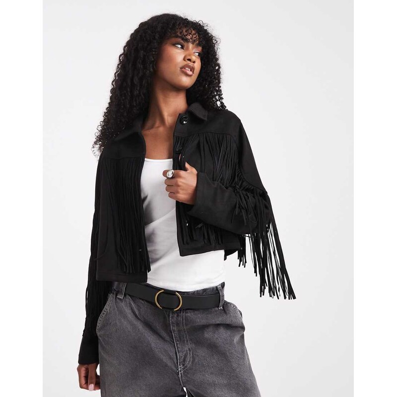 ONLY boho fringe detail faux suede jacket in black 108060633