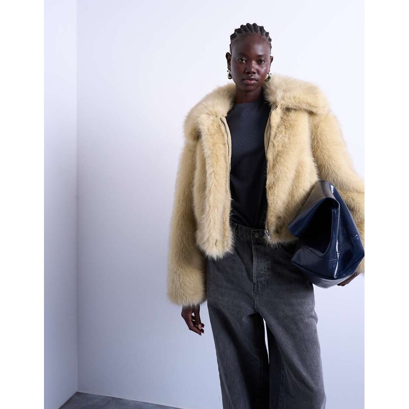 Topshop faux fur zip thru bomber jacket in buttermilk-Yellow